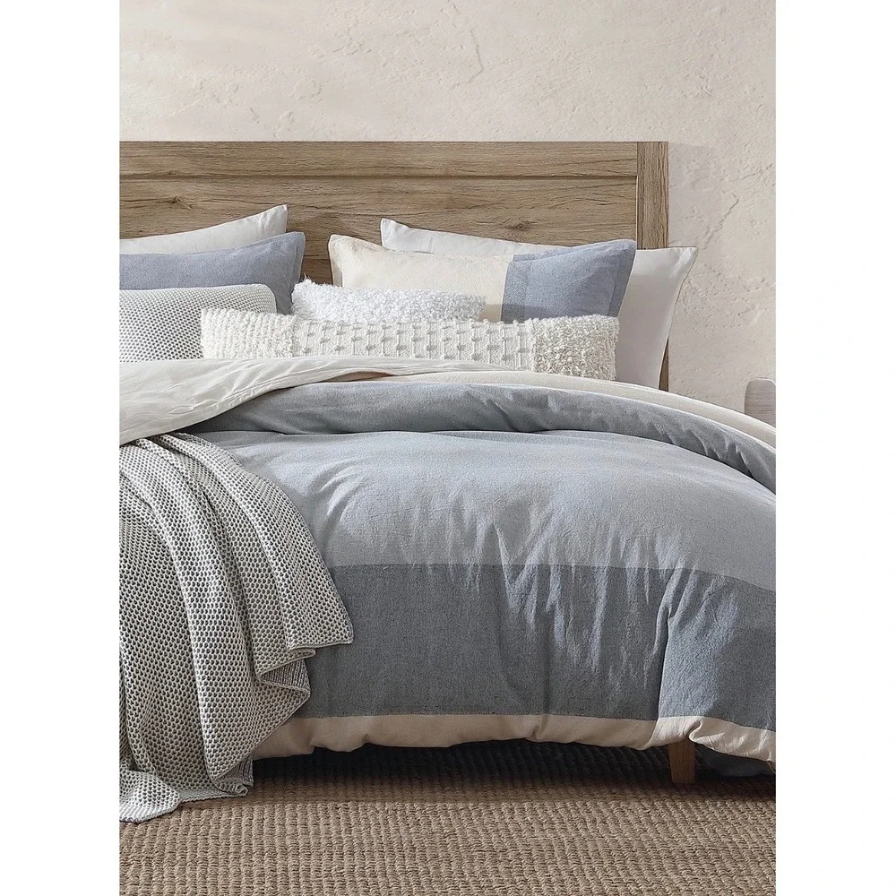 DKNY Pure Recycled Colorblock 3 Piece Duvet Cover Sham Set Full Queen Blue Cream
